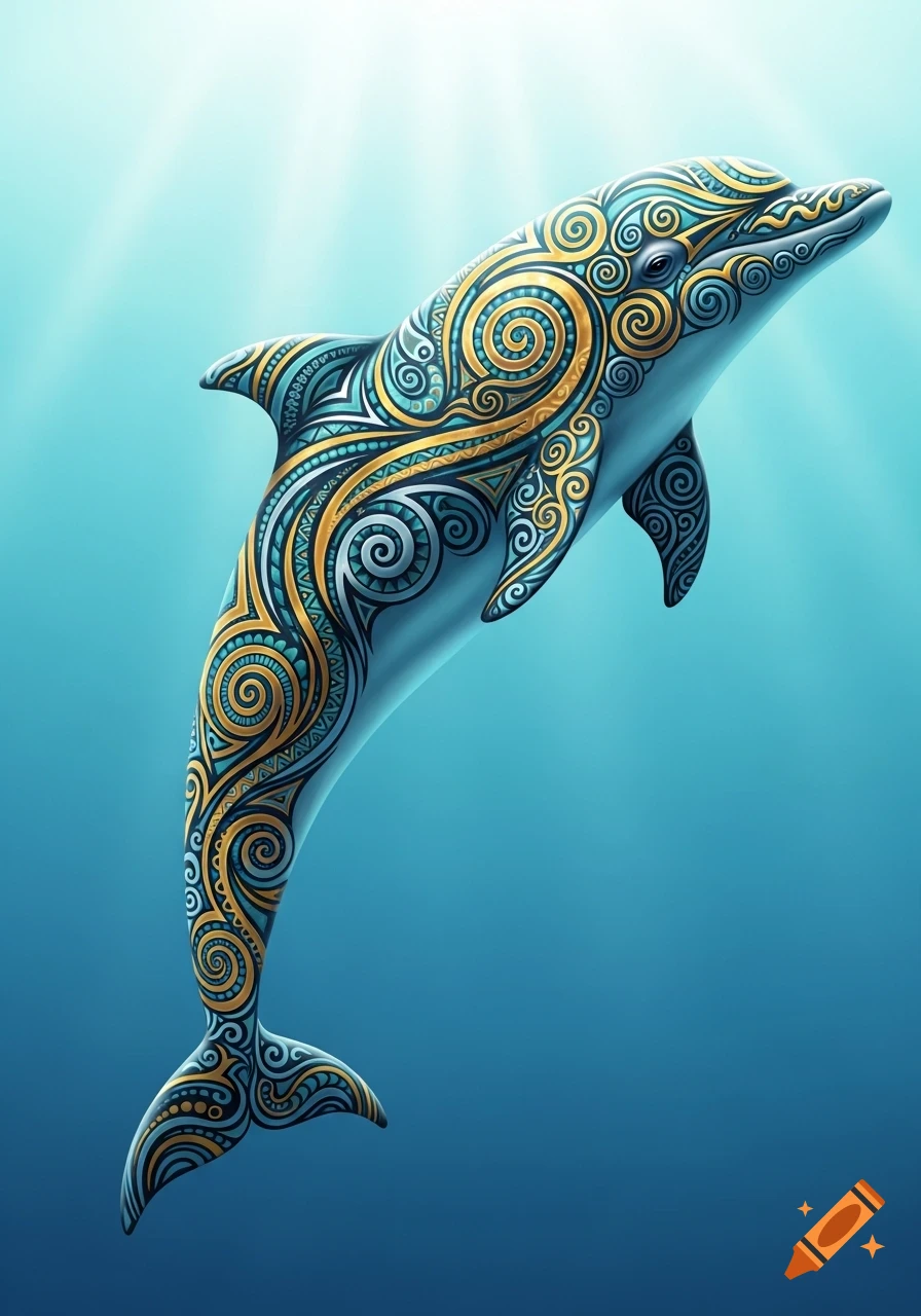 A stylized dolphin with intricate gold and blue tribal patterns swims gracefully in clear blue water with rays of light.