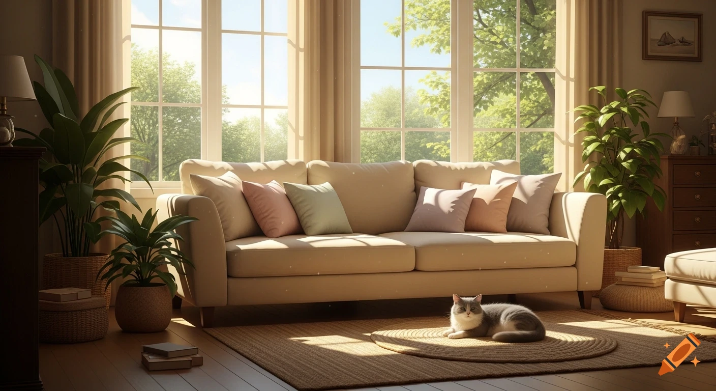 Cozy living room in warm afternoon sunlight, a grey cat on a rug, beige sofa with colorful pillows, and green plants. Photorealistic.