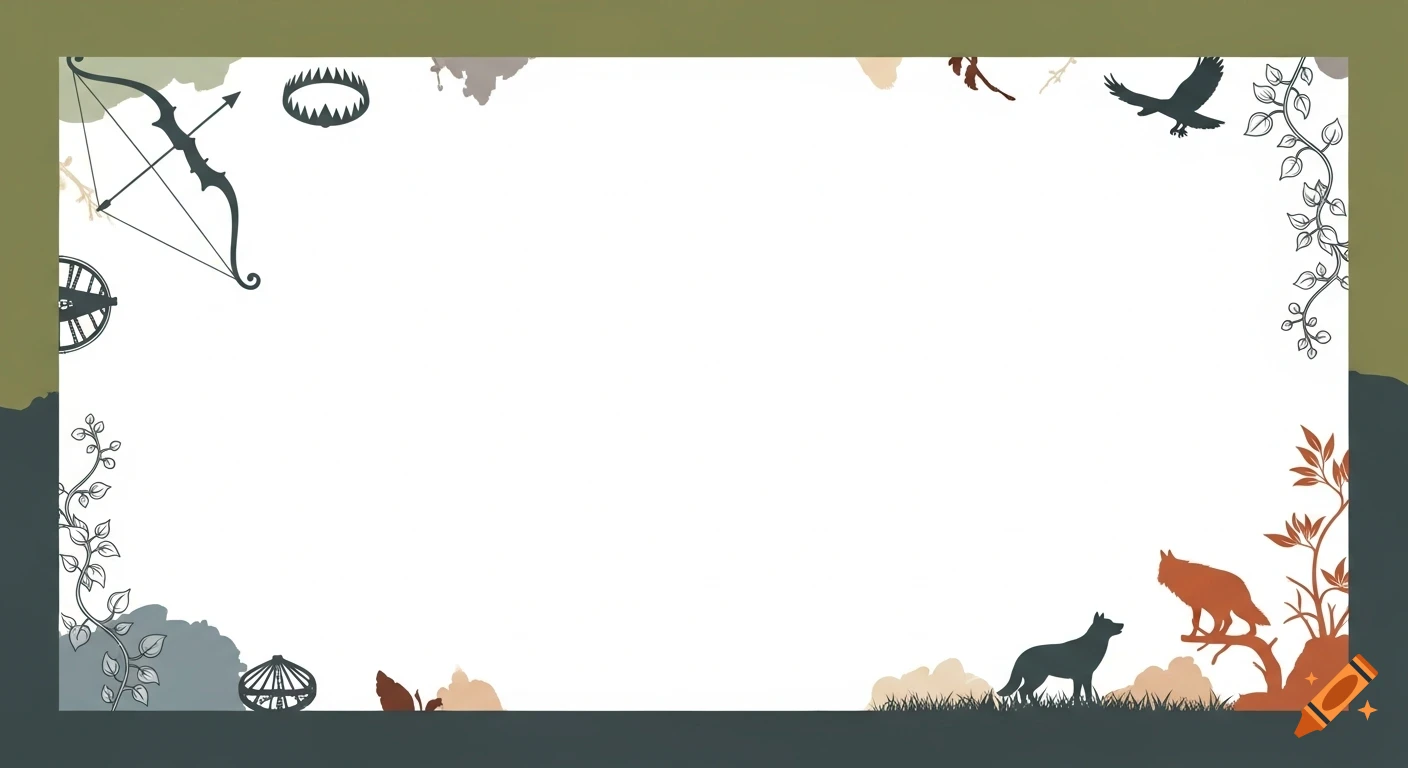 Simple graphic border with silhouettes of hunting elements: bow, arrow, bear trap, eagle, wolves, and vines on a white background.