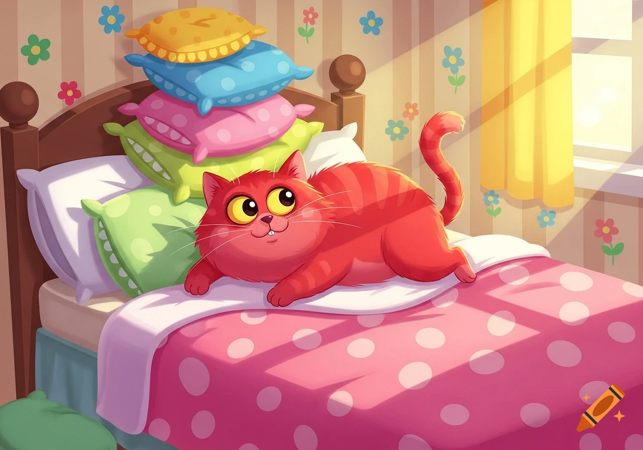 A plump red striped cartoon cat with big yellow eyes lies on a pink polka dot bed in a sunny bedroom with stacked colorful pillows.