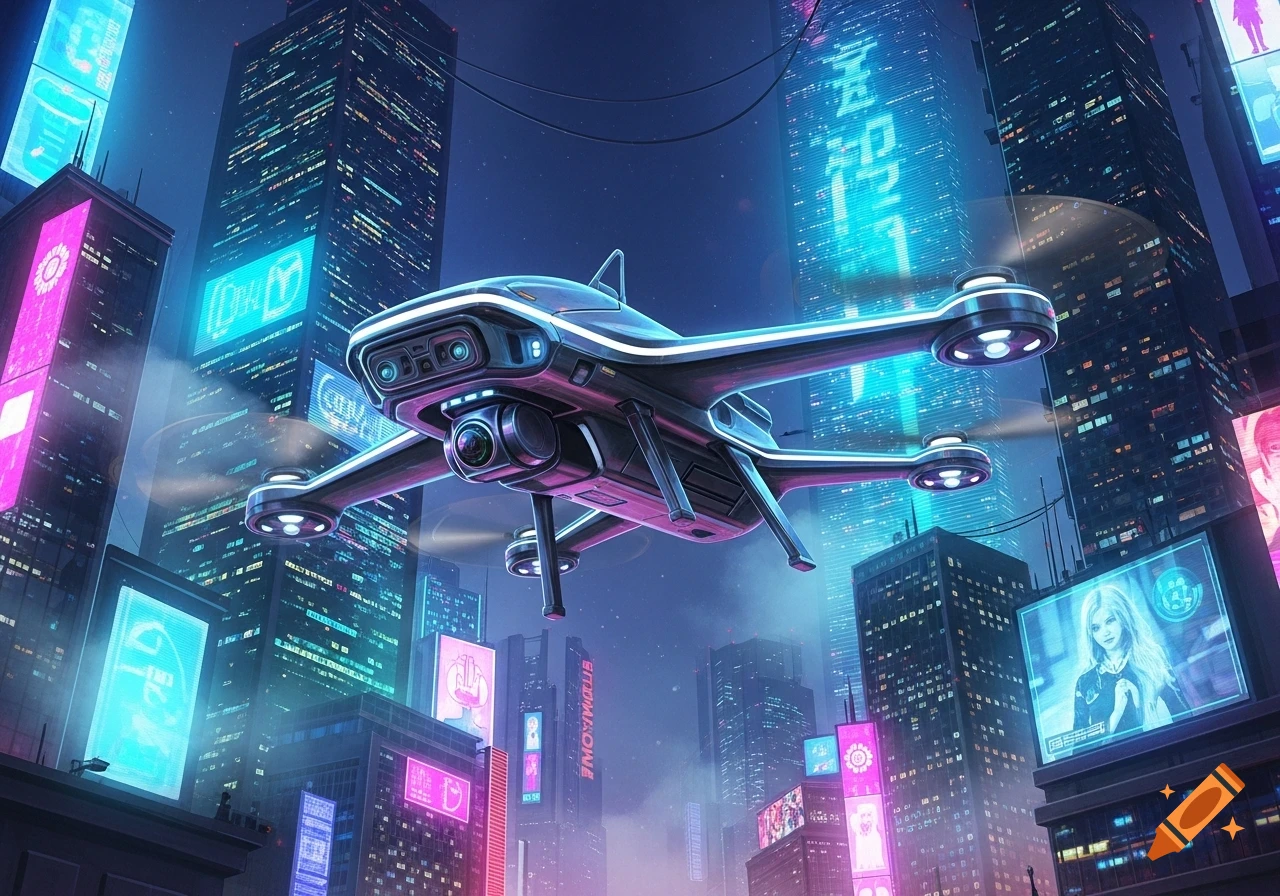 A sleek silver drone flies over a neon-lit futuristic city at night in a digital art style.