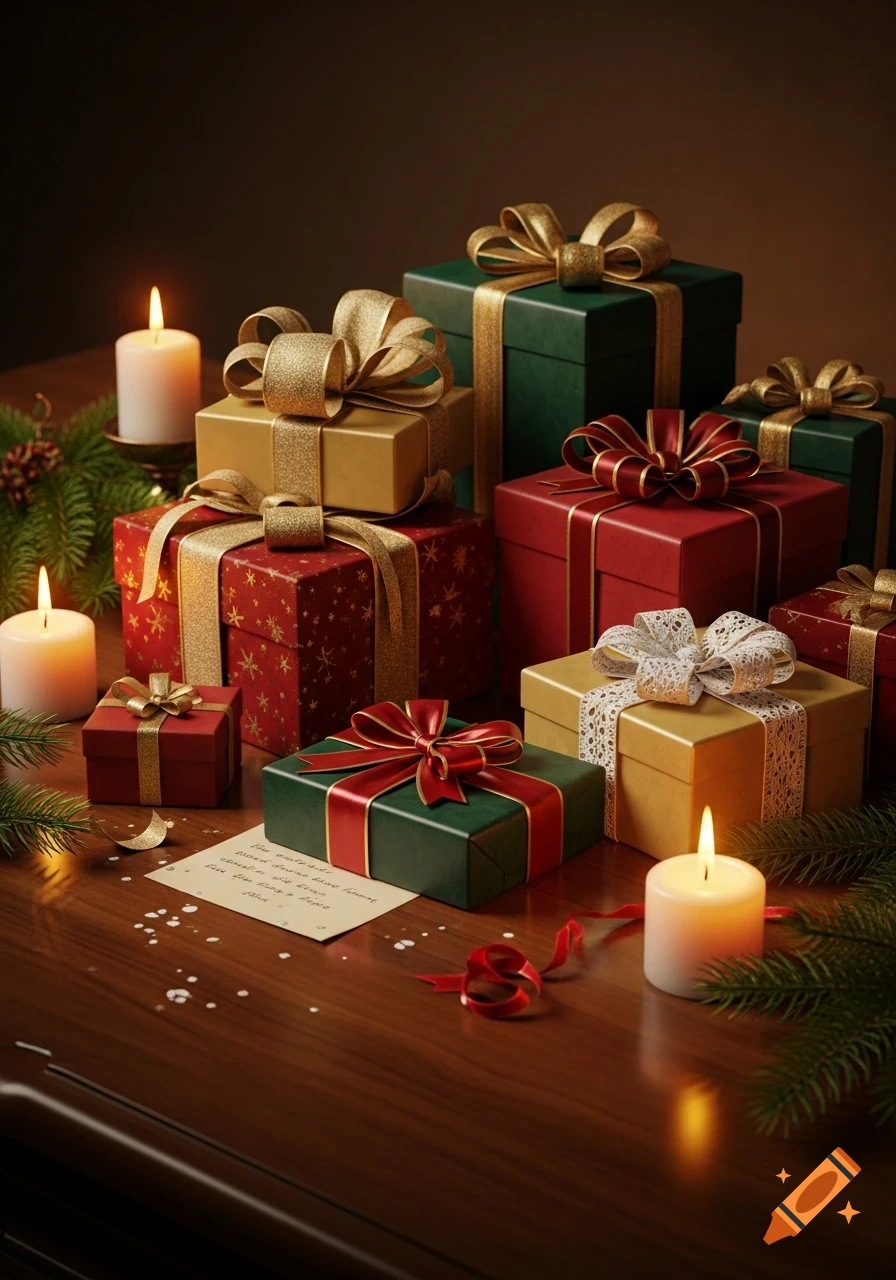 Photorealistic image of a pile of Christmas gifts in red, gold, and green, with lit candles and pine branches on a wooden table.