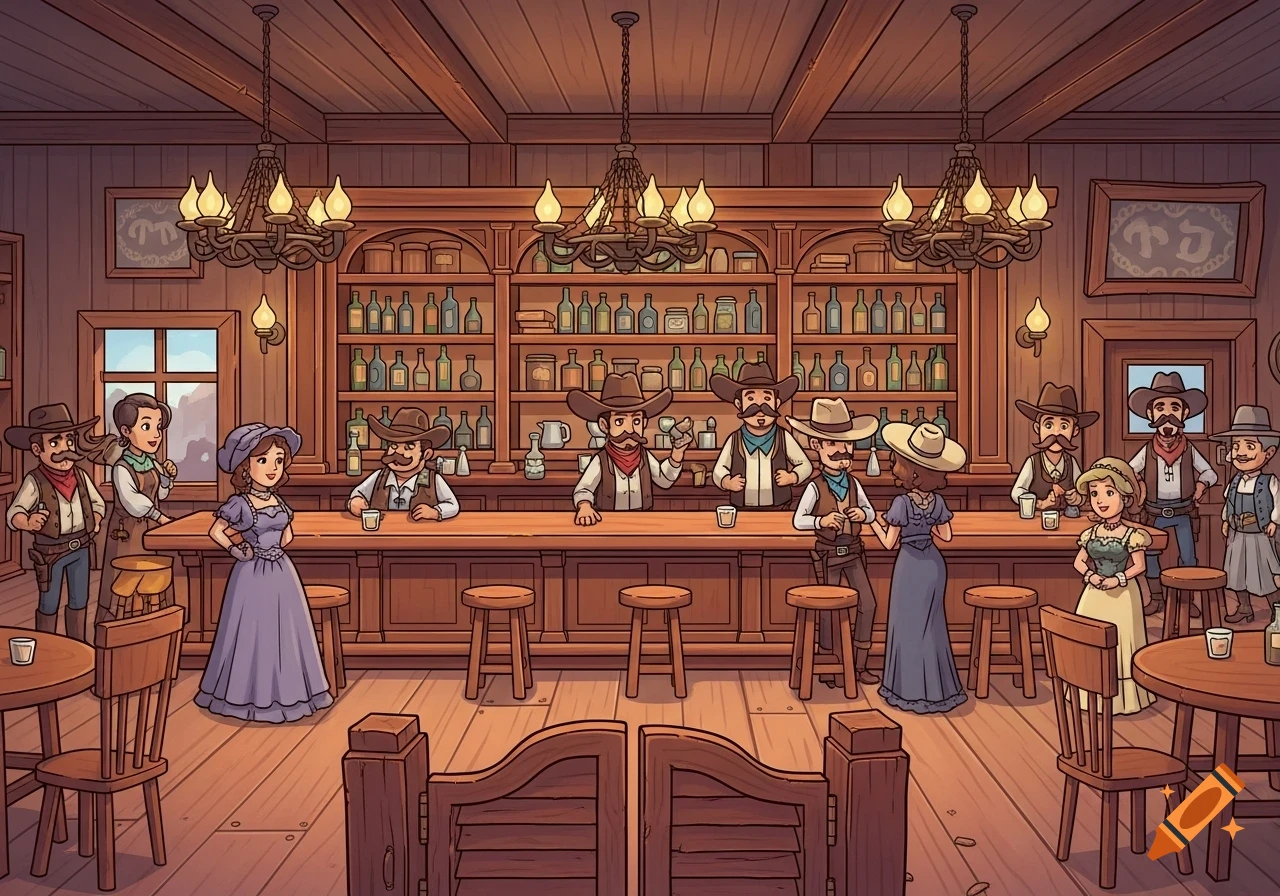 A busy cartoon-style Old West saloon with cowboys, women, and bartenders around a long wooden bar and tables.