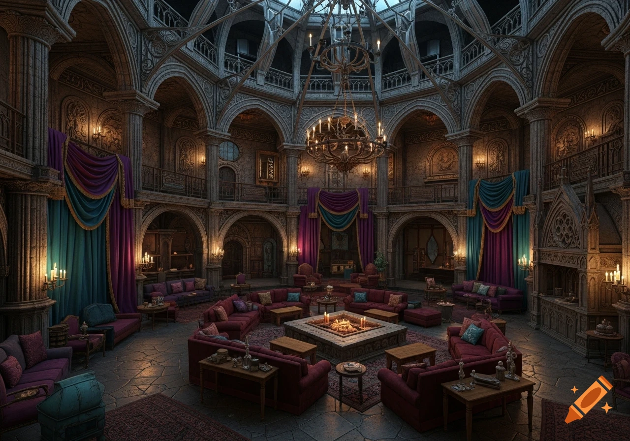 A grand, gothic hall with elaborate stone carvings, illuminated chandeliers, and plush purple and red seating arranged around a central fire pit.