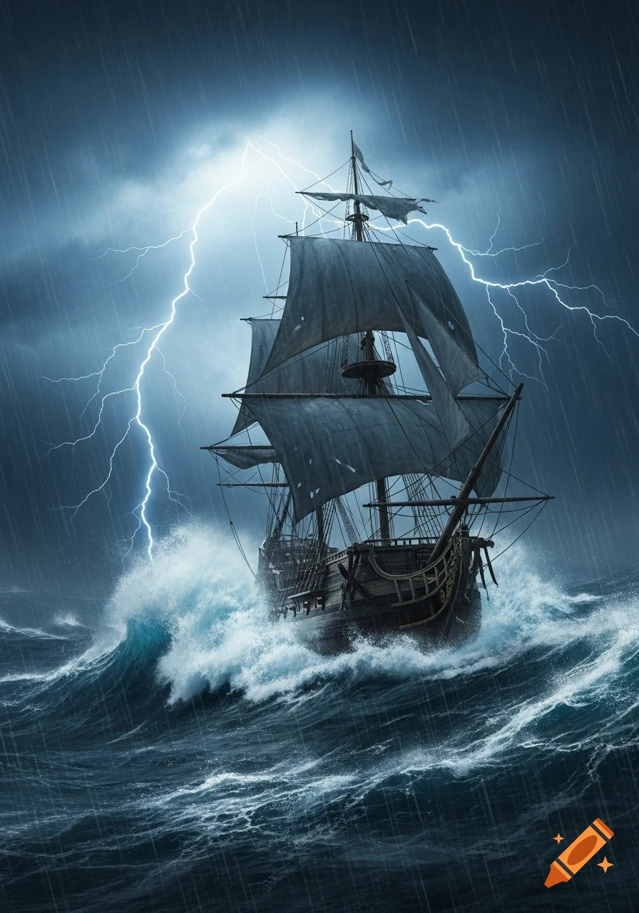 Photorealistic image of an ancient three-masted ship battling a violent storm with large waves, heavy rain, and dramatic lightning.