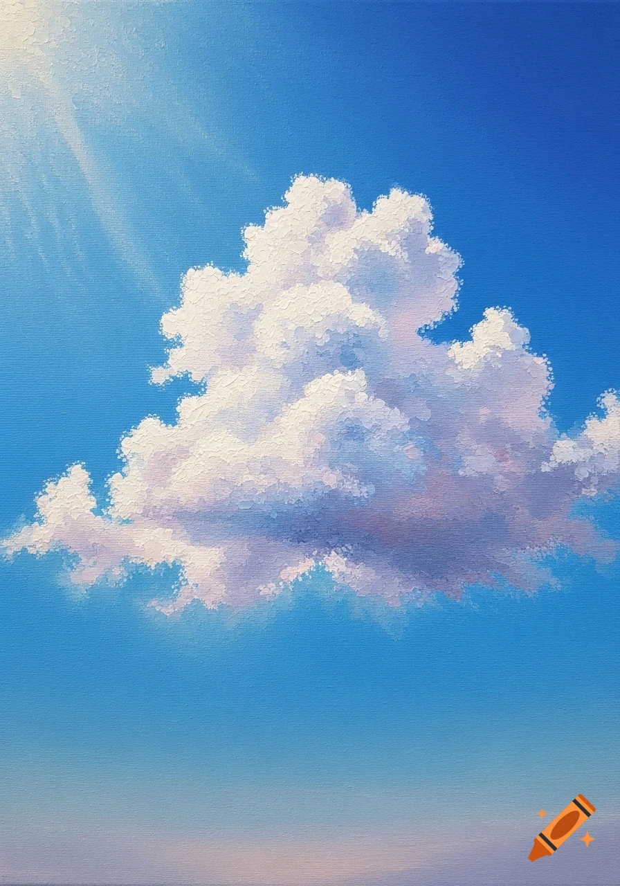 Pointillist painting of a large white cloud in a bright blue sky with sun rays.