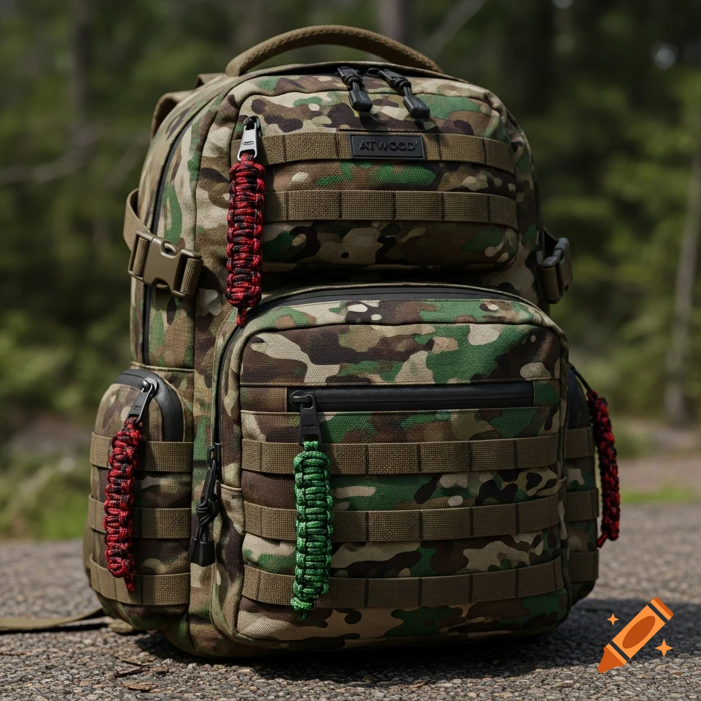 A photorealistic multicam tropic backpack with red and green paracord zipper pulls, standing outdoors.