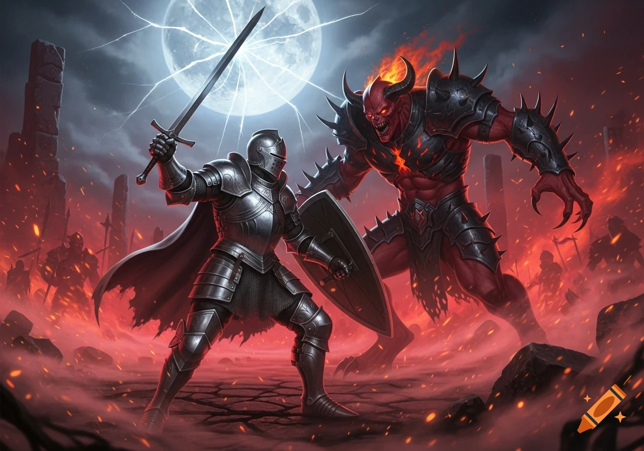 A knight in shining armor battles a fiery red-skinned demon on a moonlit, fiery battlefield, surrounded by fallen warriors.