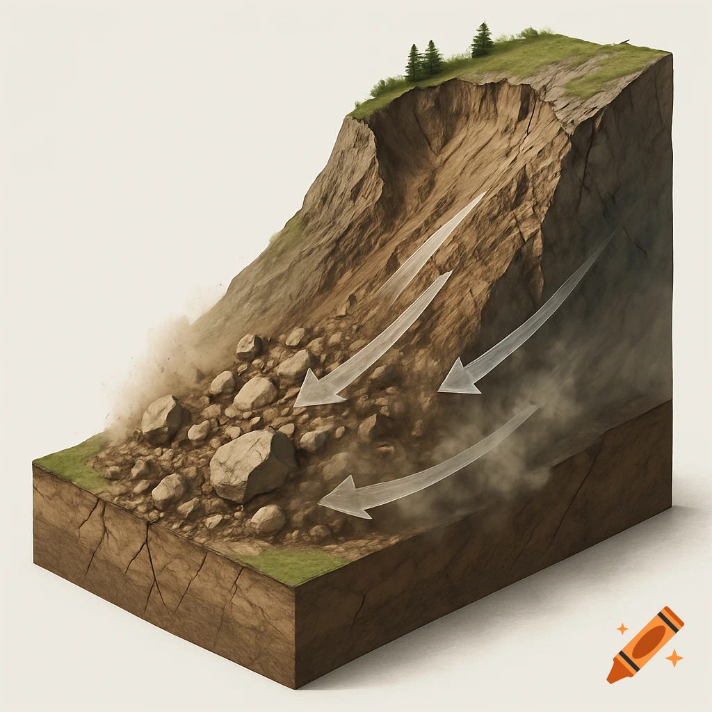 A detailed educational illustration of a landslide with rocks, soil, and dust sliding down a steep slope in a cross-section view.