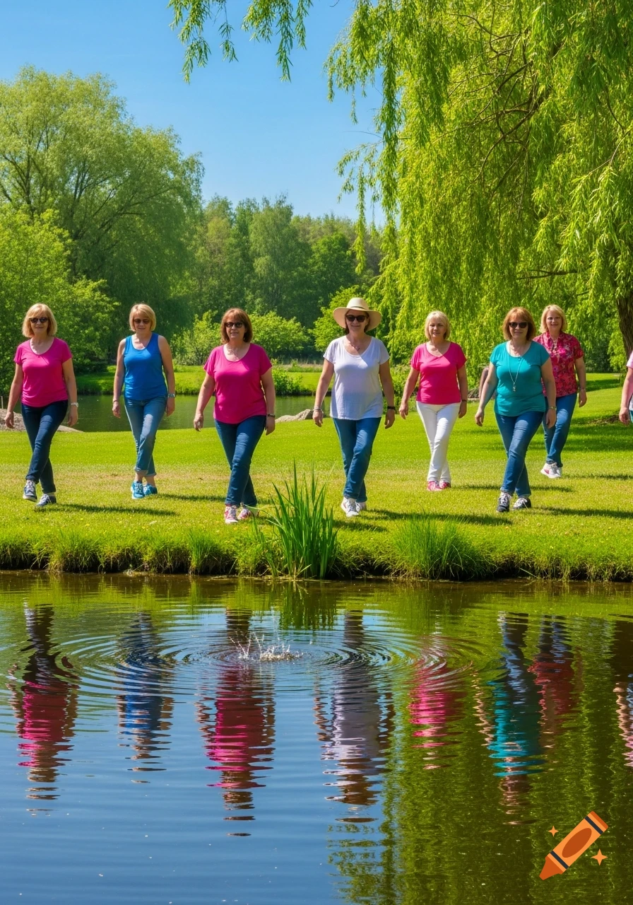 Group of women walking along a grassy bank beside a pond on a sunny day, with reflections in the water.
