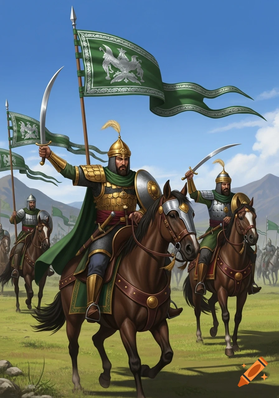 Illustrated medieval warriors on horseback carrying swords and green flags with a mythical beast emblem across a grassy field under a blue sky.