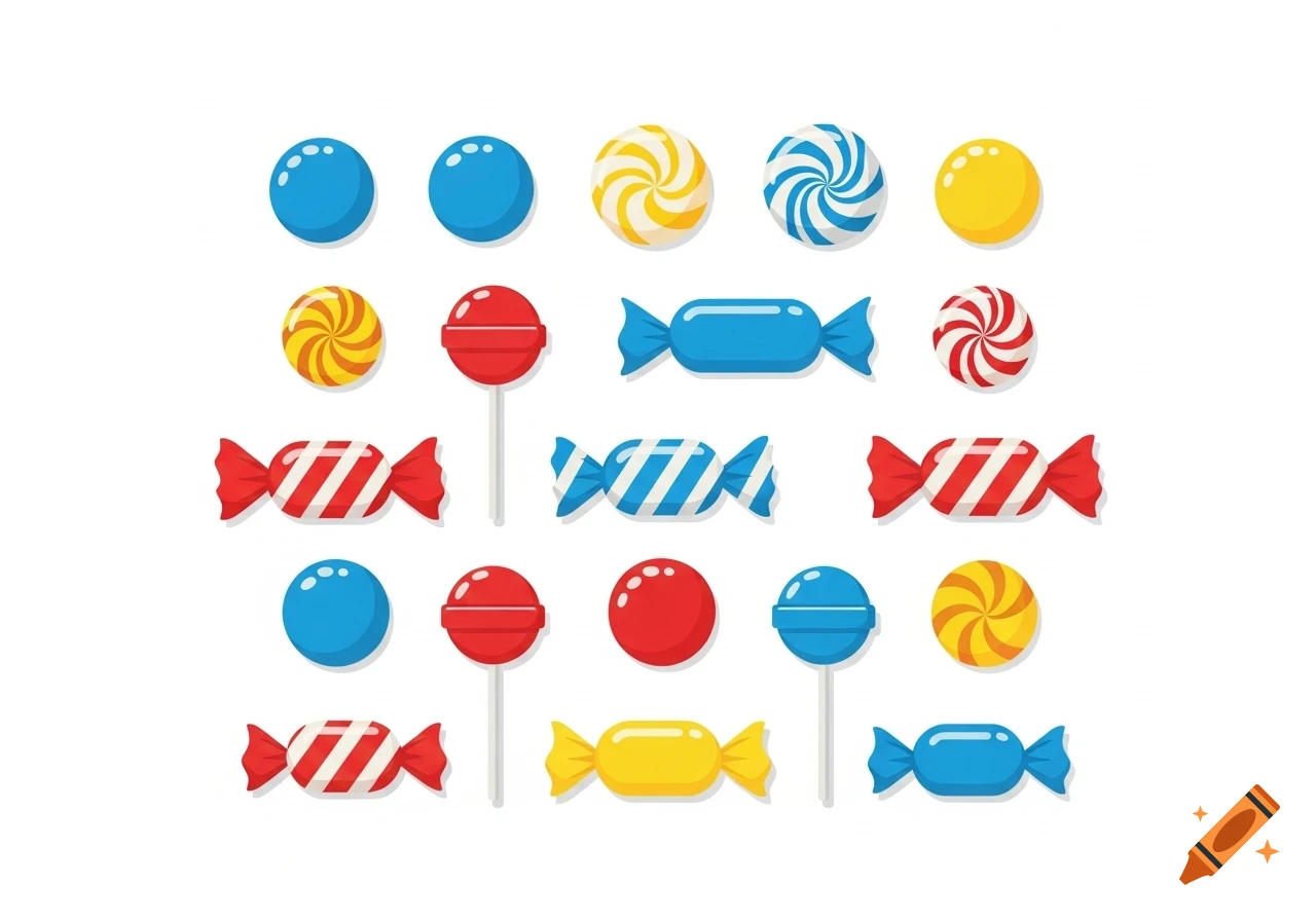 Flat vector illustration of a repeating pattern of colorful candies and lollipops on white.