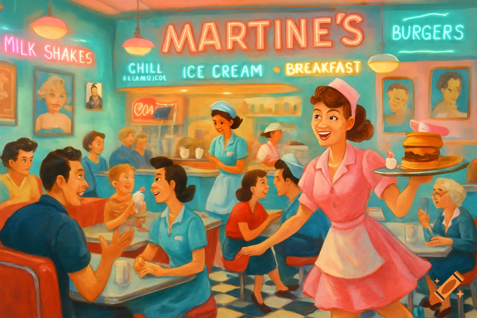 A vibrant retro 1950s diner scene with happy customers and smiling waitresses, one carrying a burger and shake, in a pastel-colored painting style.