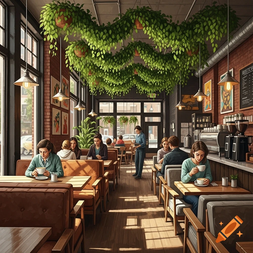 A bustling coffee shop with patrons, brick walls, large windows, and numerous hanging plants from the ceiling.
