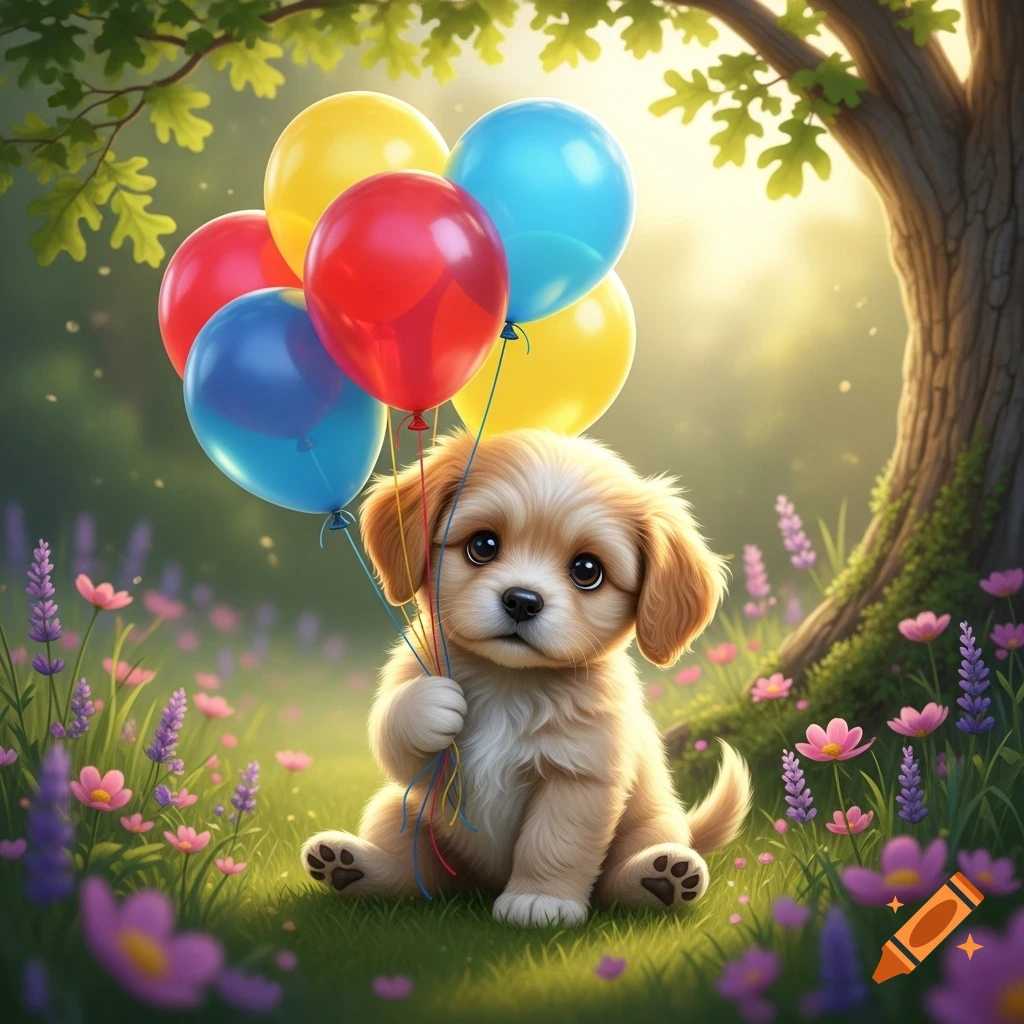 A cute golden puppy with big eyes sits in a sunny, flower-filled field, holding colorful balloons under a tree.