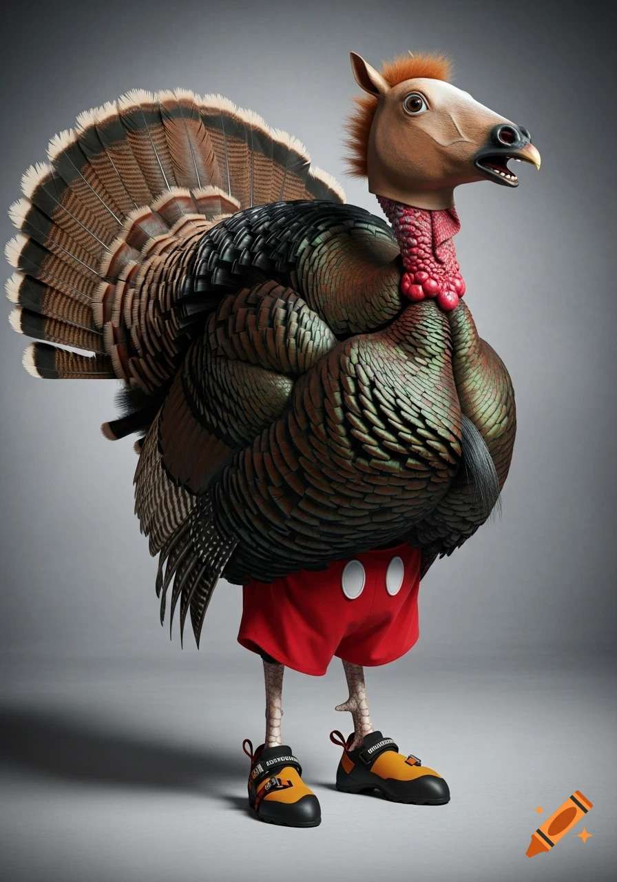 A hyperrealistic turkey with a horse head mask, red Mickey Mouse shorts, and yellow climbing shoes, standing on a grey background.