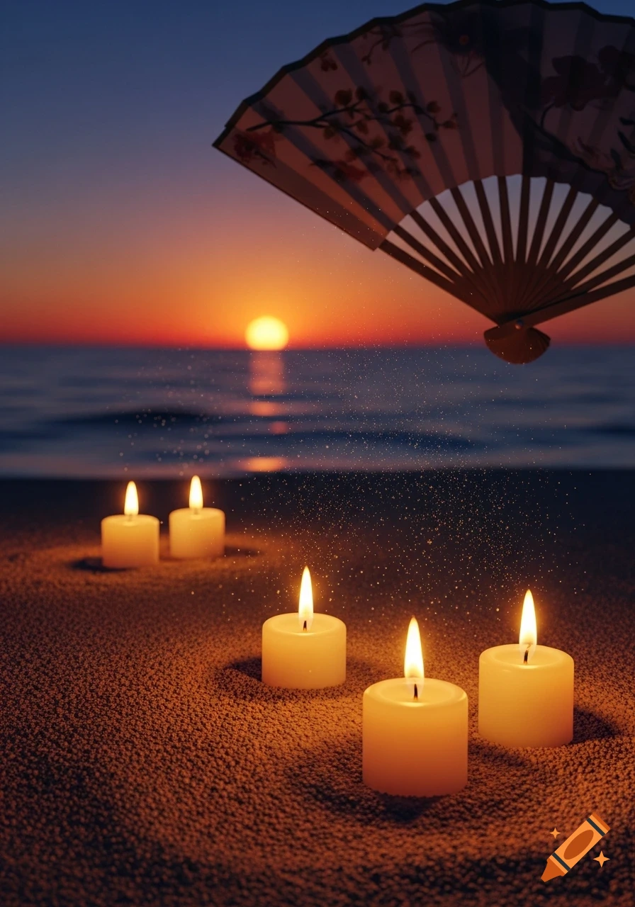 Four lit candles sit on a sandy beach at sunset, with a decorative fan floating above the ocean.