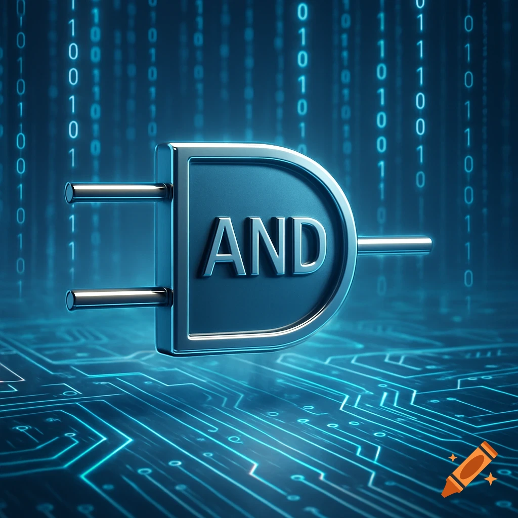A 3D render of a stylized AND logic gate on a circuit board background with blue binary code.
