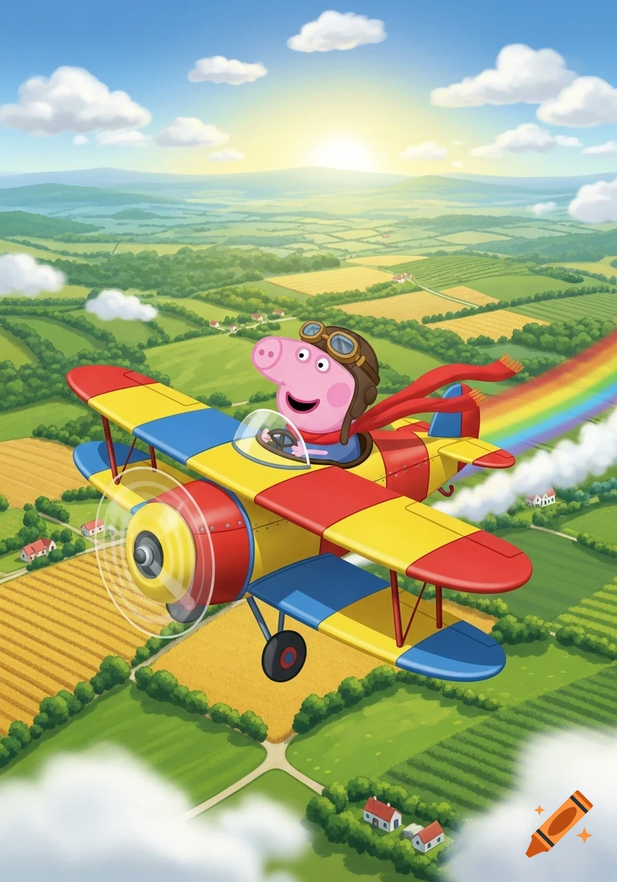 Cartoon Peppa Pig in a biplane with a rainbow trail, flying over a sunny green landscape.