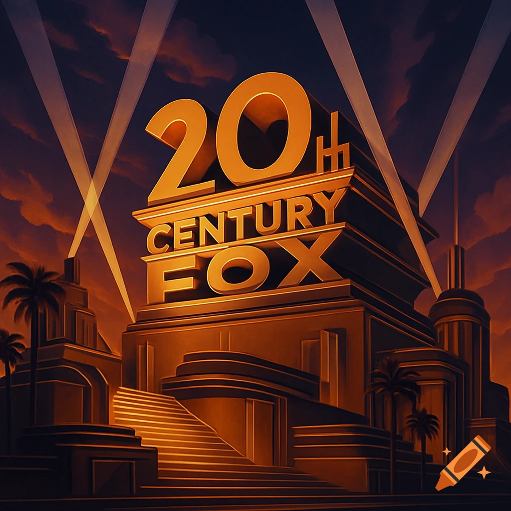 Iconic 20th Century Fox logo structure illuminated at sunset with dramatic searchlights sweeping across the sky.