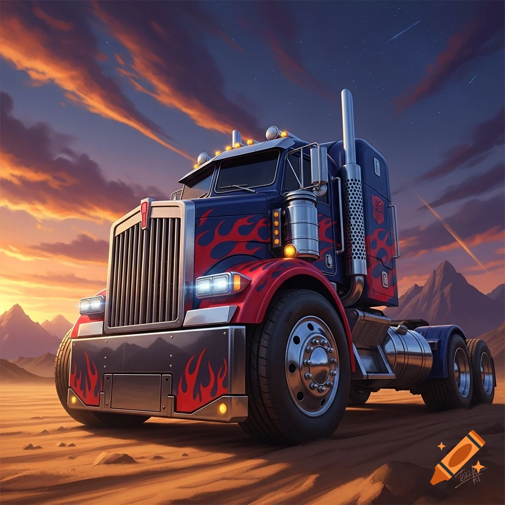 A blue and red semi-truck with flame decals, resembling Optimus Prime, stands in a desert at sunset.