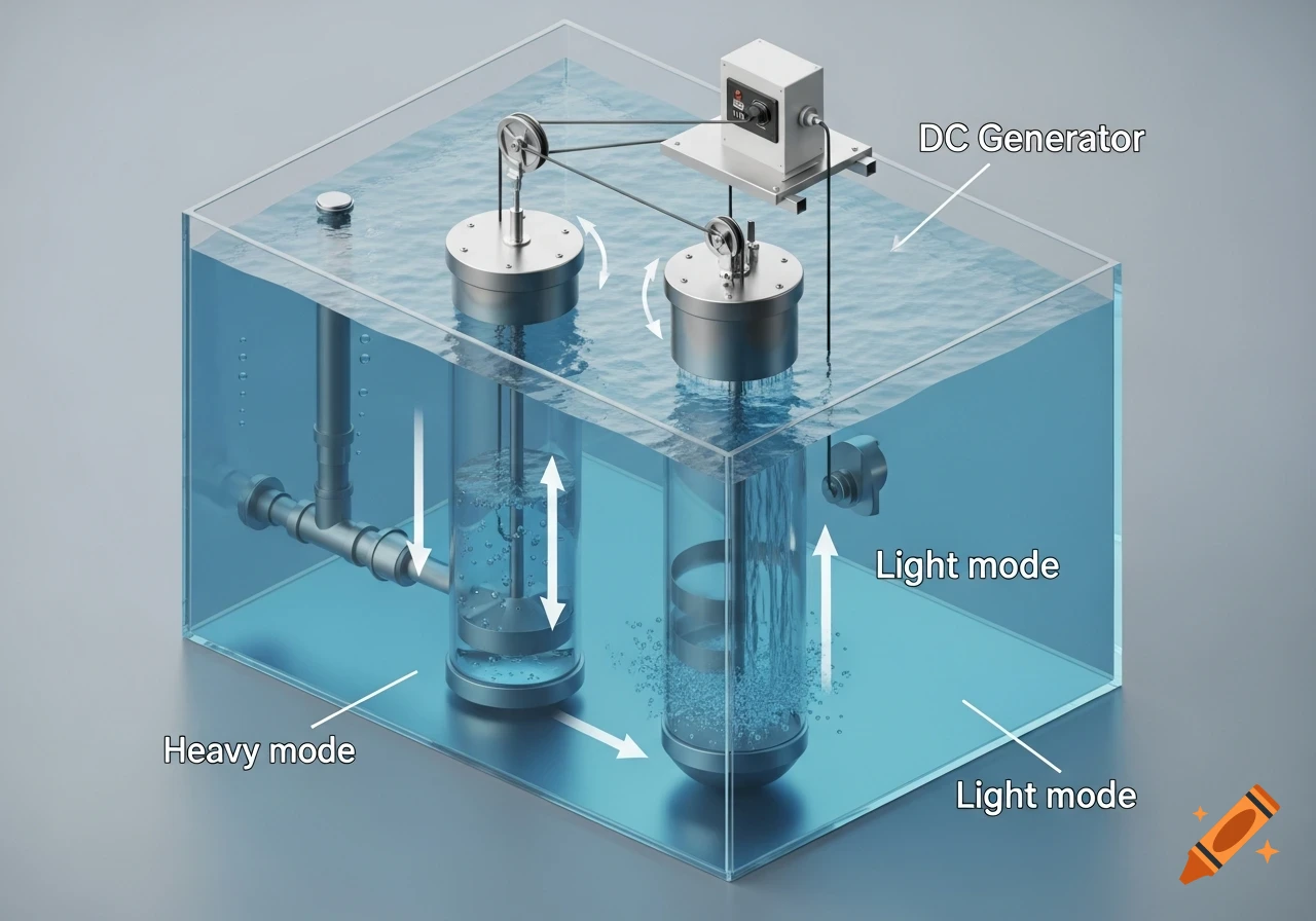 3D isometric illustration of an ocean-wave-powered mechanism in a clear tank with cylinders, pulleys, and a DC generator.