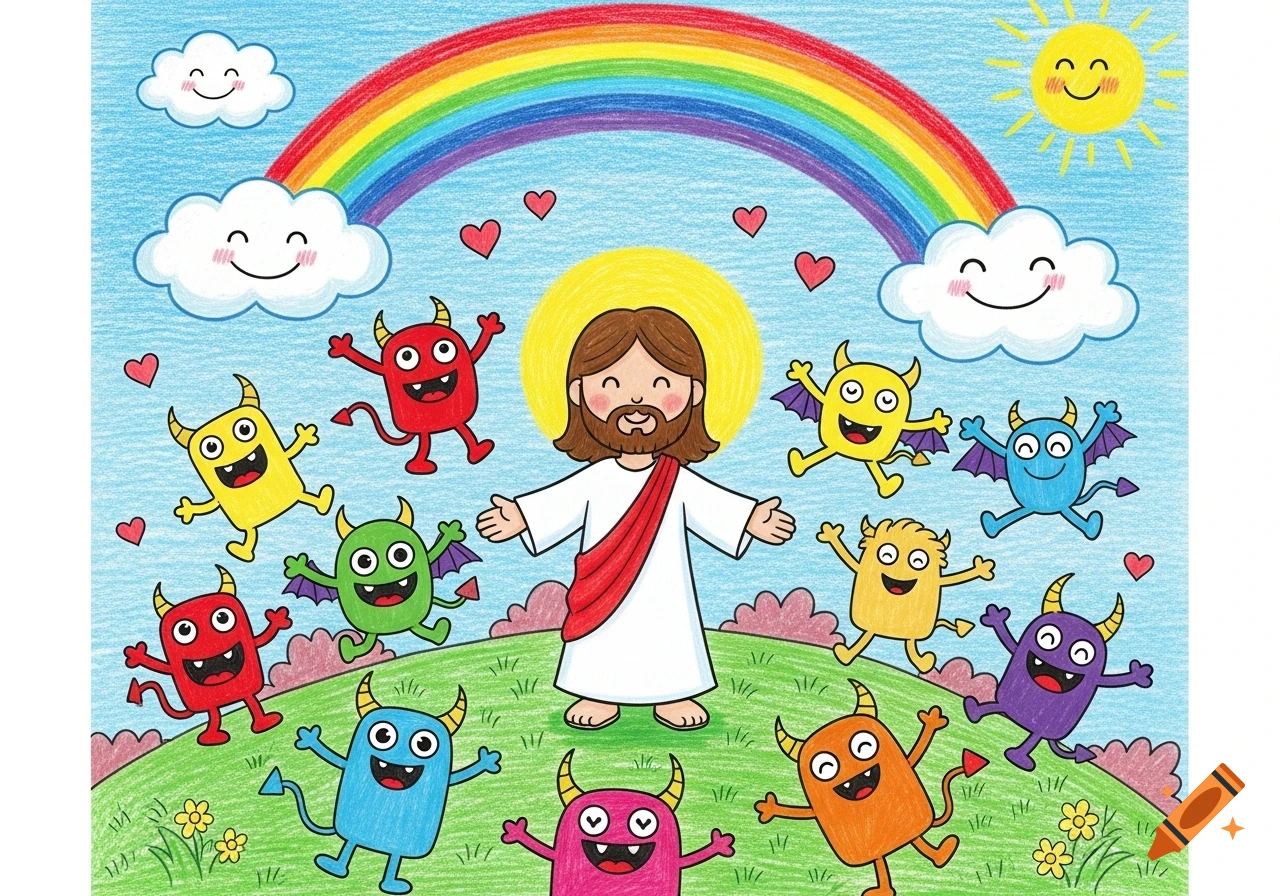 Jesus with open arms surrounded by colorful, happy cartoon monsters under a rainbow, clouds, and a smiling sun, in a preschooler's illustration style.
