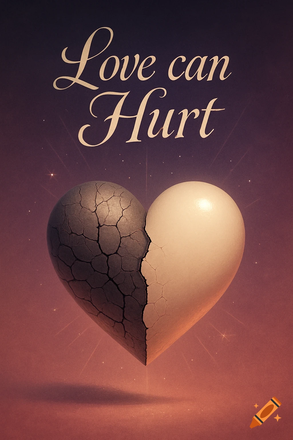 A symbolic image of a cracked heart, half dark and fractured, half light and smooth, with 'Love can Hurt' text above.