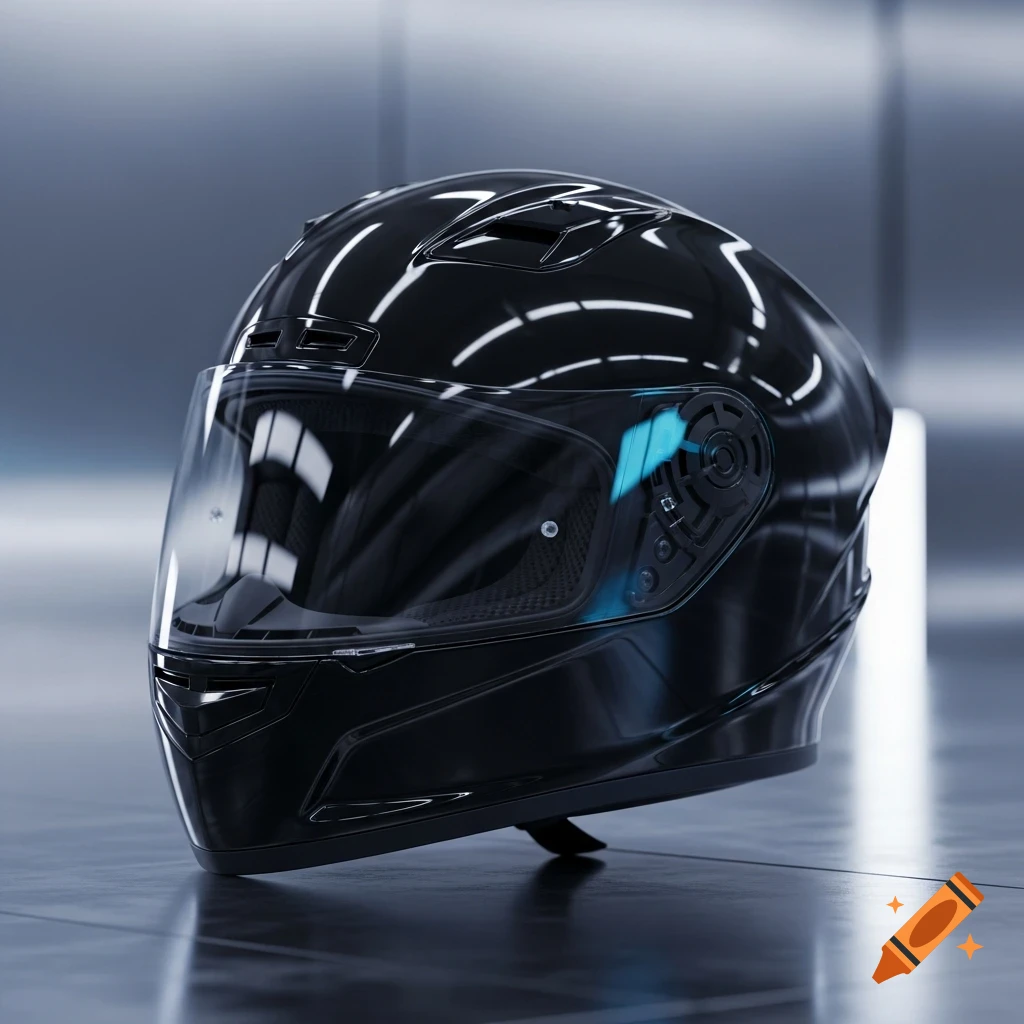 A sleek, glossy black motorcycle helmet with a clear visor on a dark, reflective surface in a minimalist setting.
