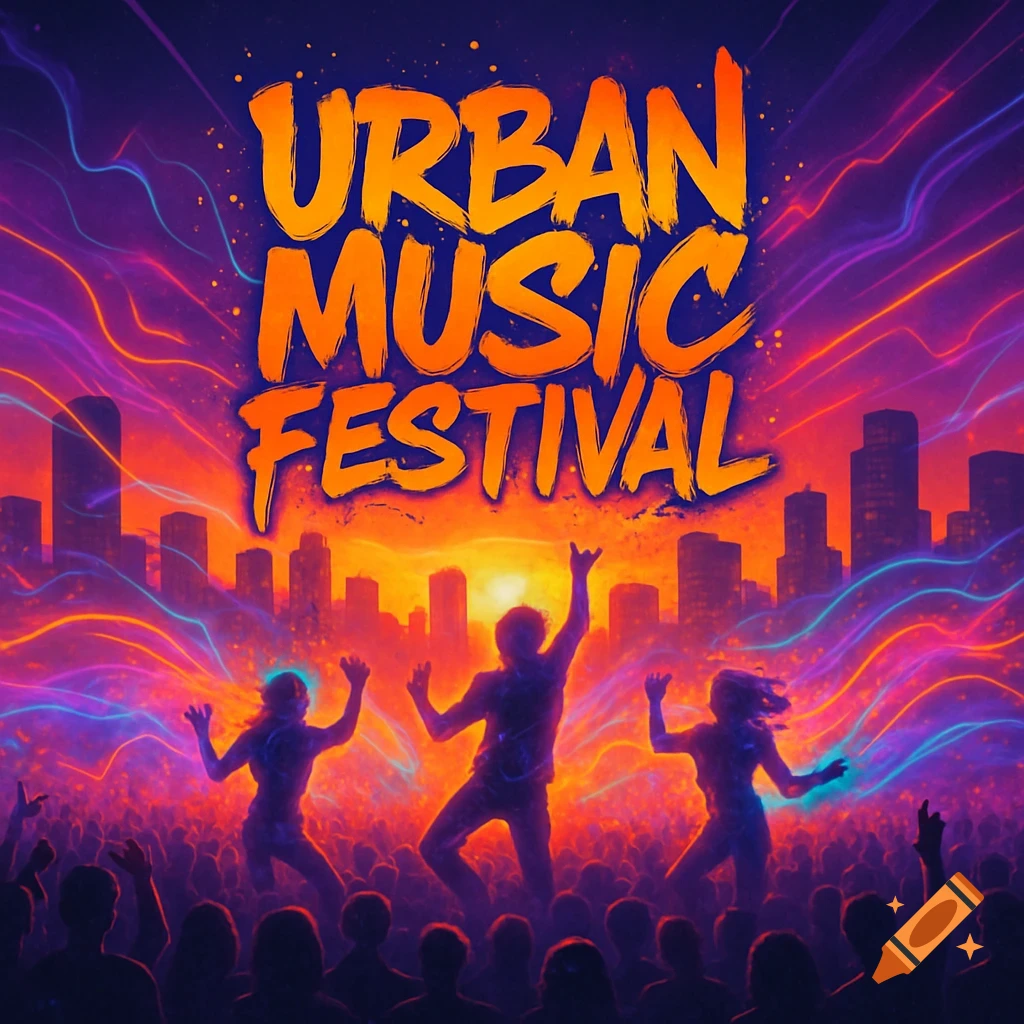 Vibrant poster for Urban Music Festival with dancing crowd, city skyline, and colorful neon waves against a sunset sky.
