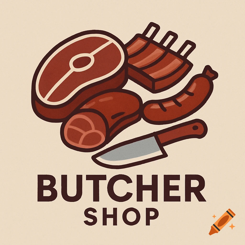 Stylized logo for a butcher shop with meat cuts like steak, ribs, sausage, and a knife, with text 'BUTCHER SHOP'.