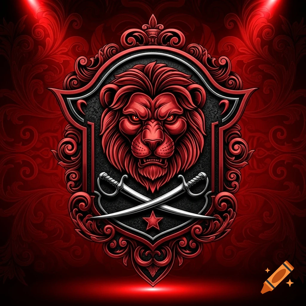 A stylized red lion's head in an ornate black and silver shield with crossed silver swords and a red star, against a dark red patterned background.