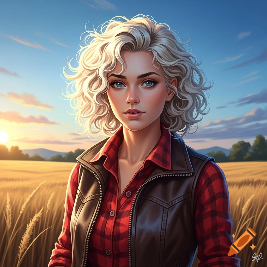 Digital art portrait of a young woman with curly platinum blonde hair and blue eyes, wearing a red plaid shirt and brown vest, standing in a golden wheat field at sunset.