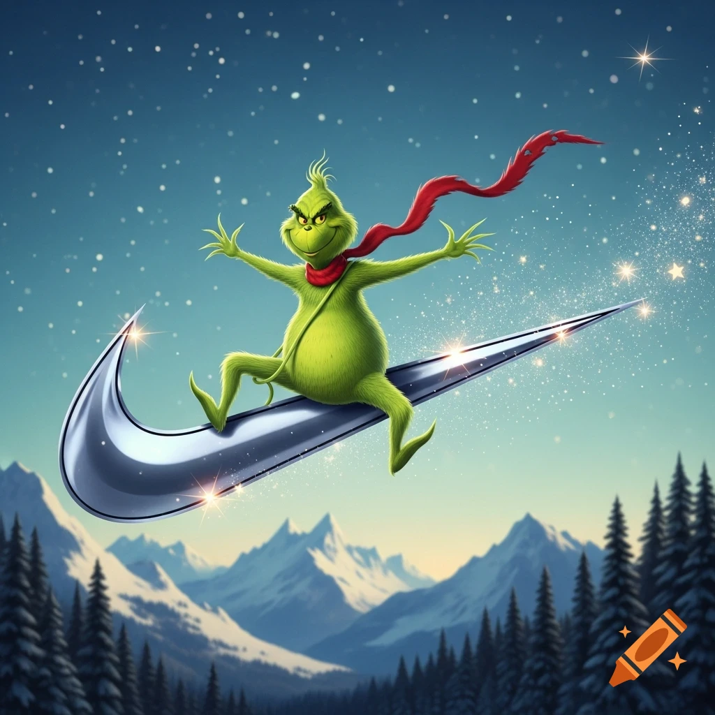 The Grinch in a red scarf sits on a metallic Nike swoosh, flying over snowy mountains under a starry night sky.