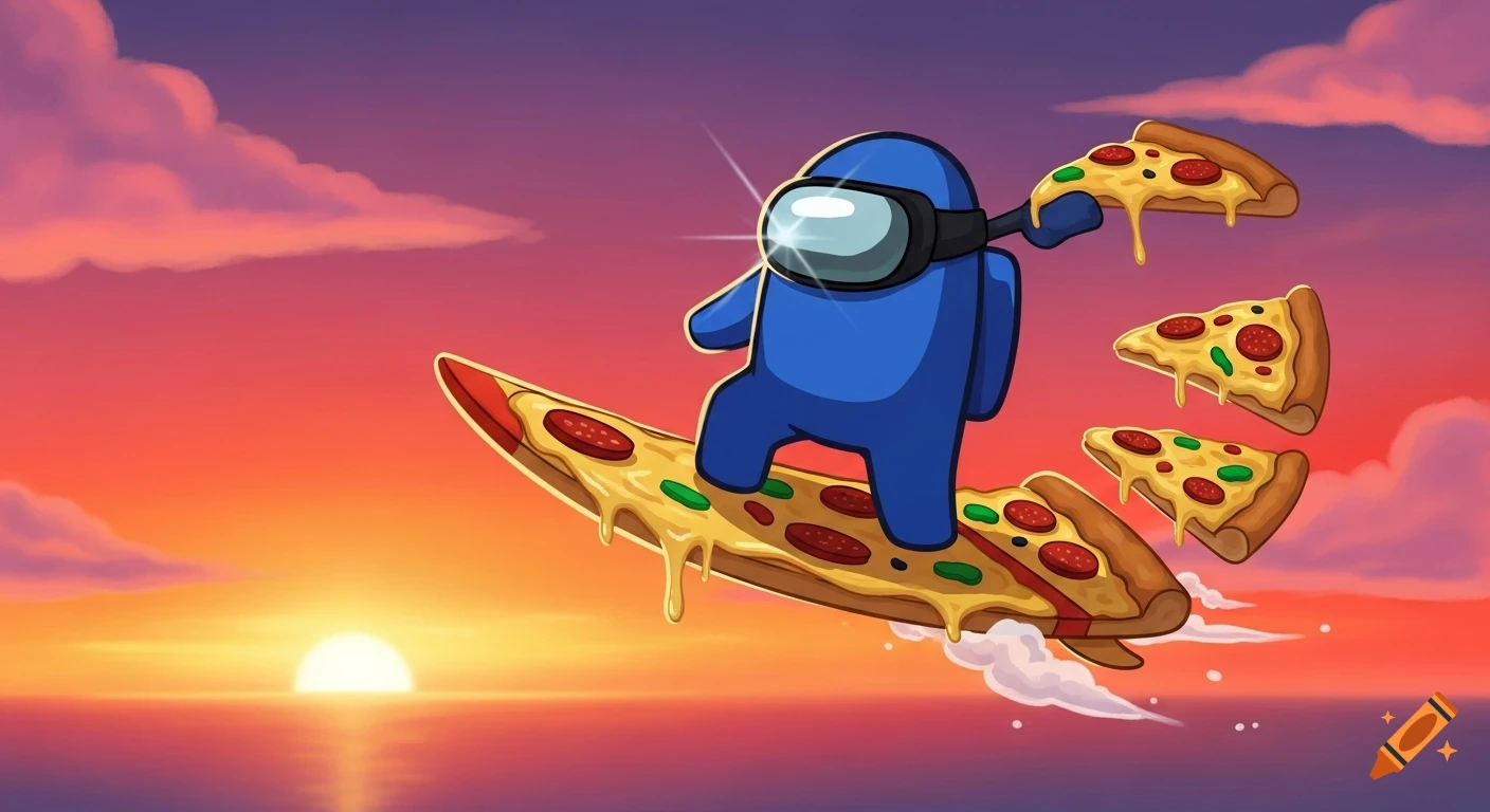 A blue Among Us character surfing on a pizza slice surfboard with more pizza slices floating at a vibrant sunset, cartoon style.