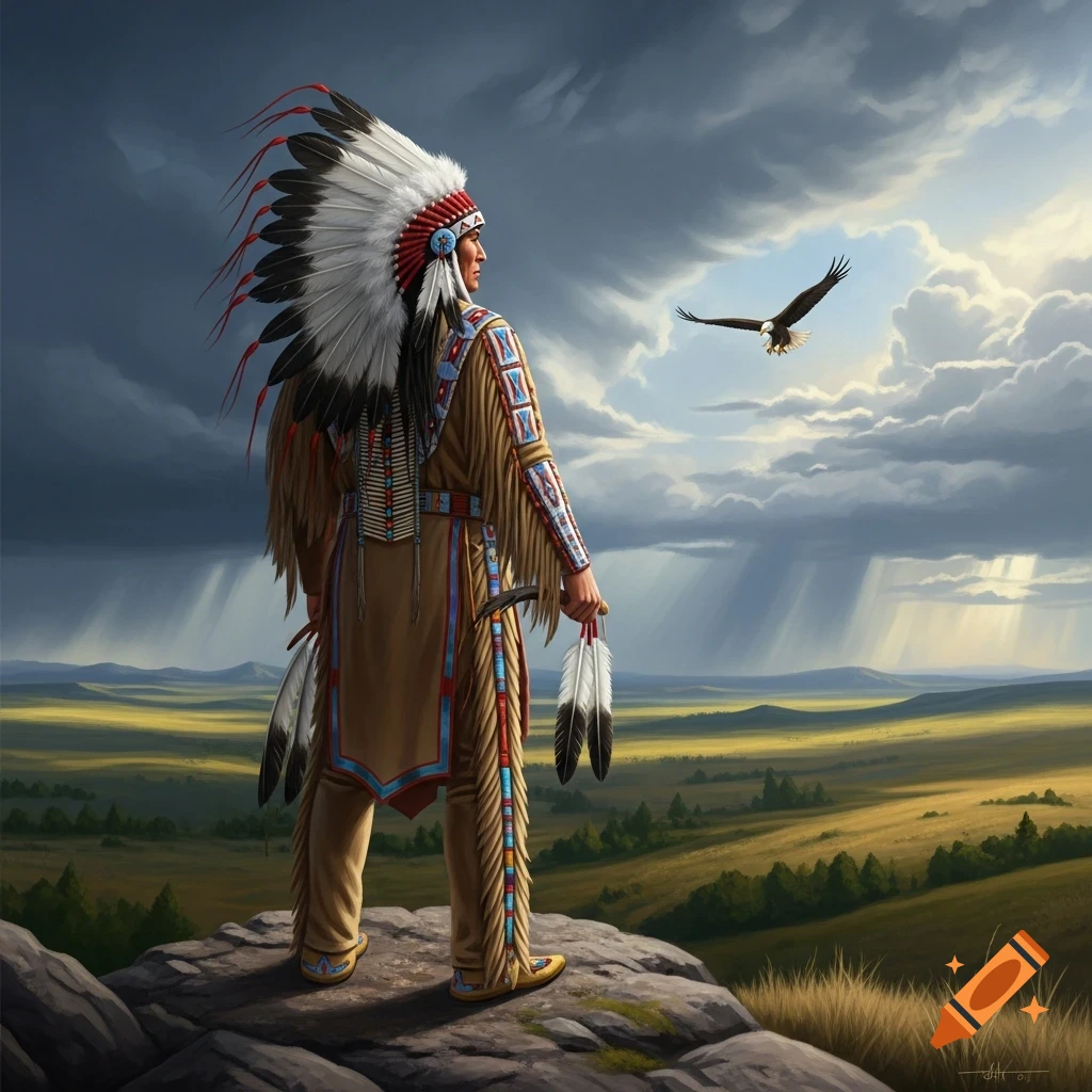 Native American man in feathered headdress stands on a rock, watching an eagle fly over a vast landscape under a dramatic sky.