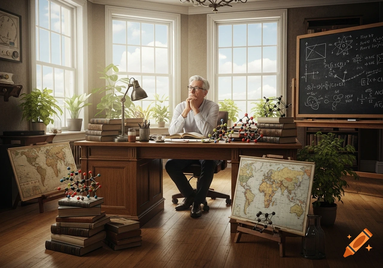 A thoughtful professor sits at a wooden desk in a sunlit study filled with books, maps, and scientific models.