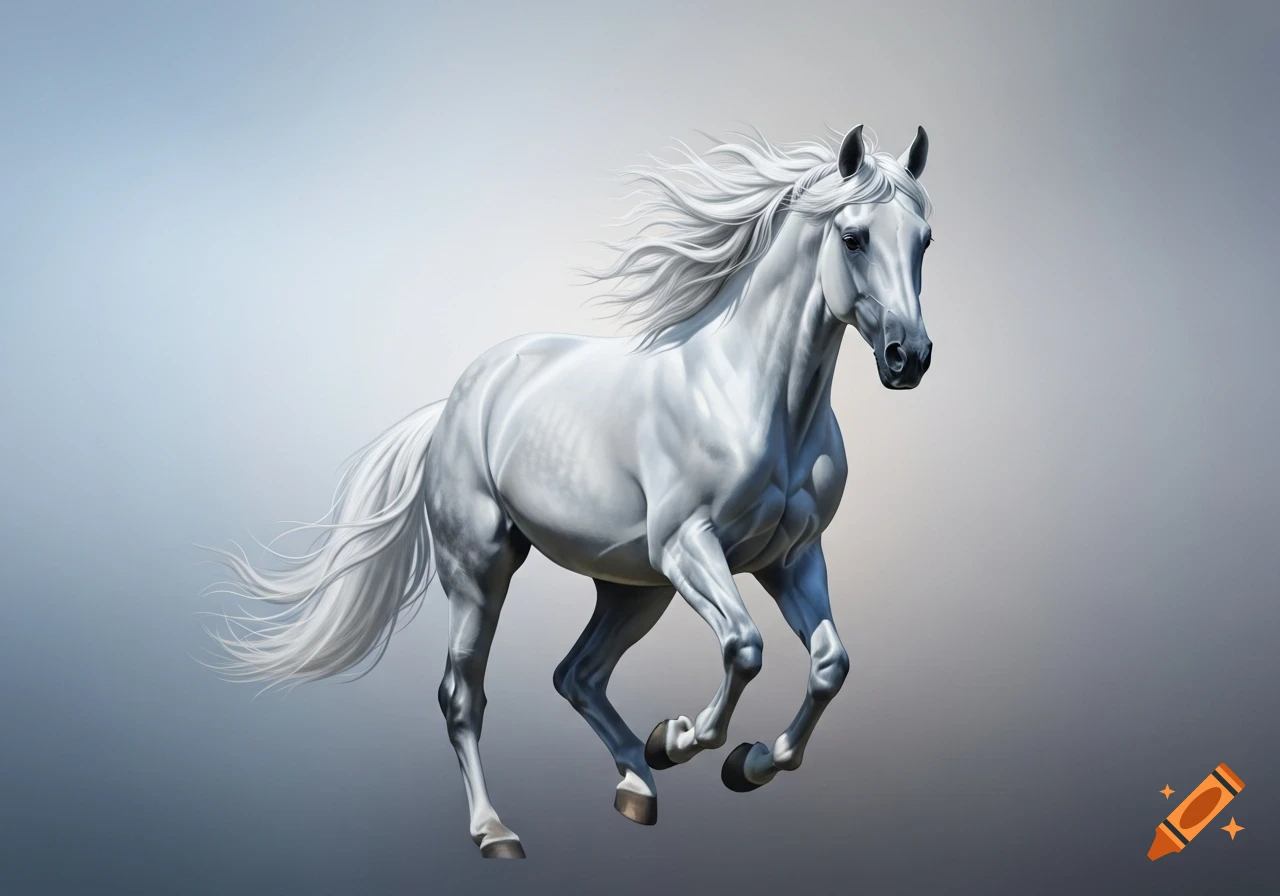 A white horse with a flowing mane and tail gallops gracefully against a ...
