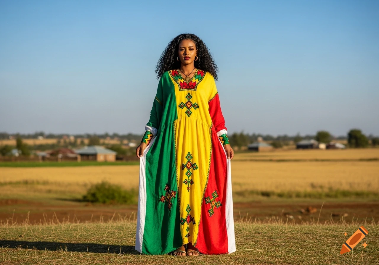 An Ethiopian woman in a vibrant traditional dress with green, yellow, and red colors, standing in a rural landscape.