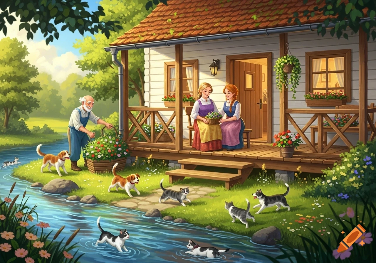 An old man gardening near a river, two women on a porch, and several dogs and cats playing in a colorful, illustrative countryside scene.