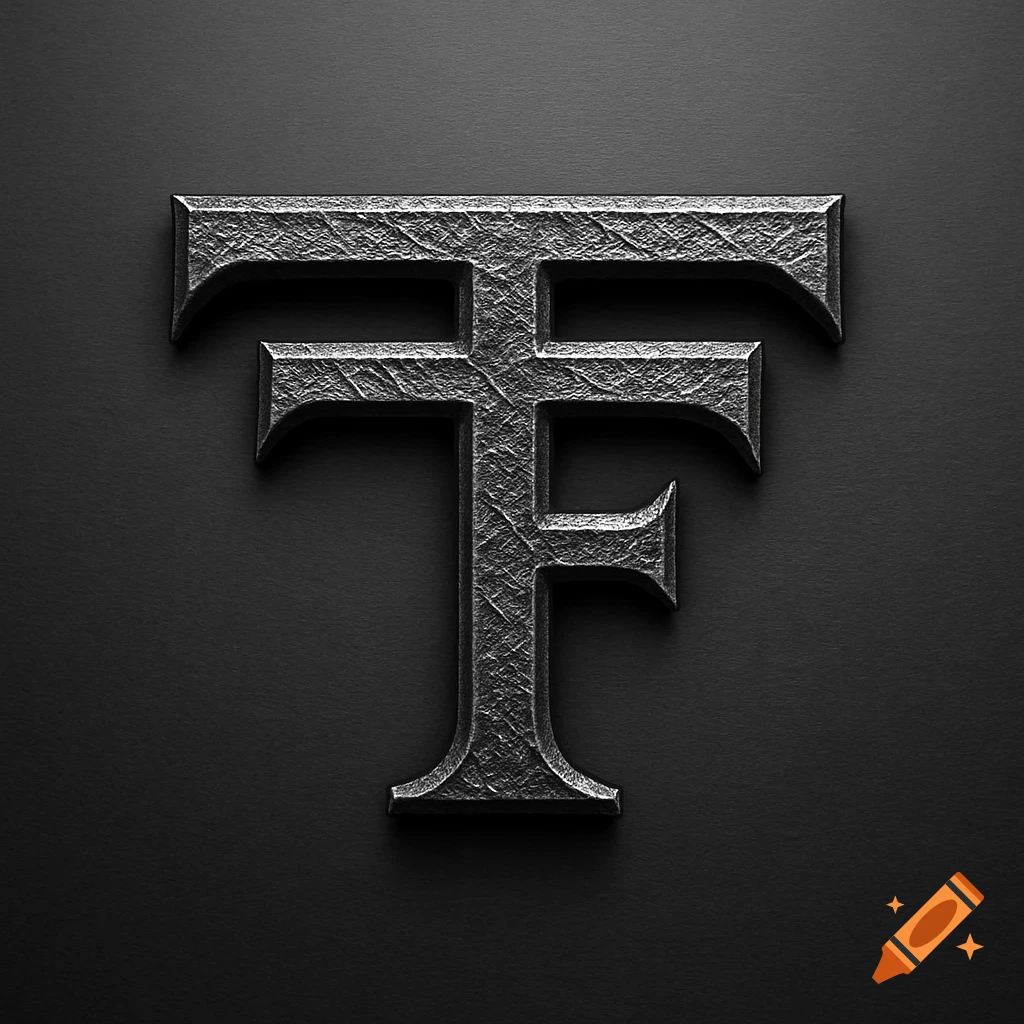 A dark, textured metallic logo featuring the stylized letters 'TF' on a black background.