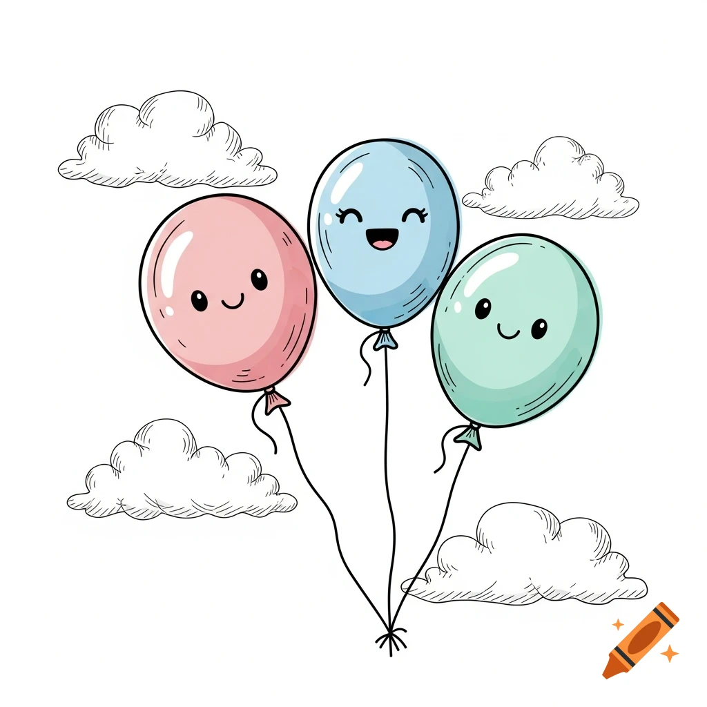 Three cartoon balloons in pink, blue, and green with smiling faces float among sketchy clouds.