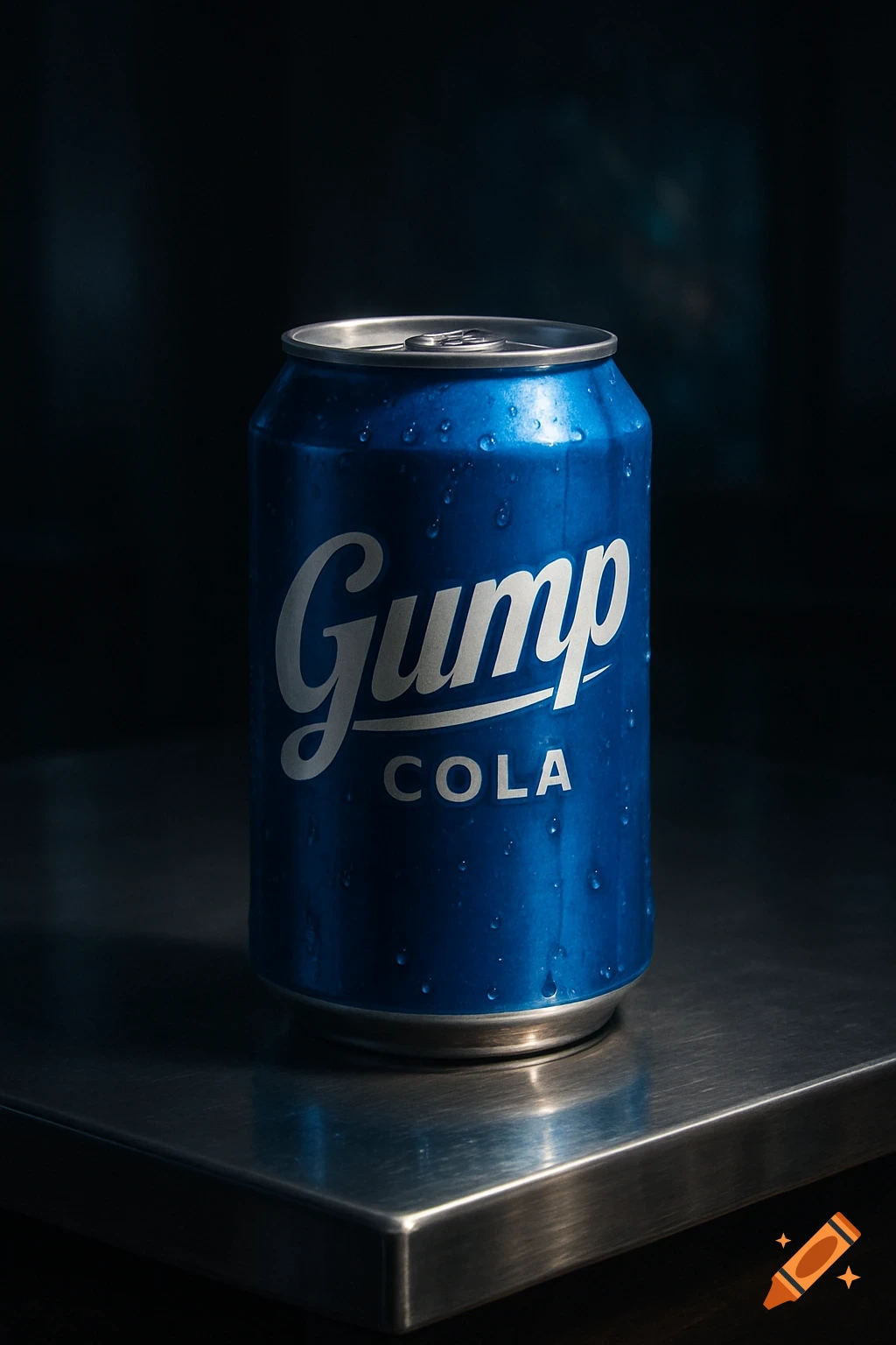 A close-up, photorealistic shot of a wet blue soda can with 'Gump COLA' written on it, resting on a metallic surface.