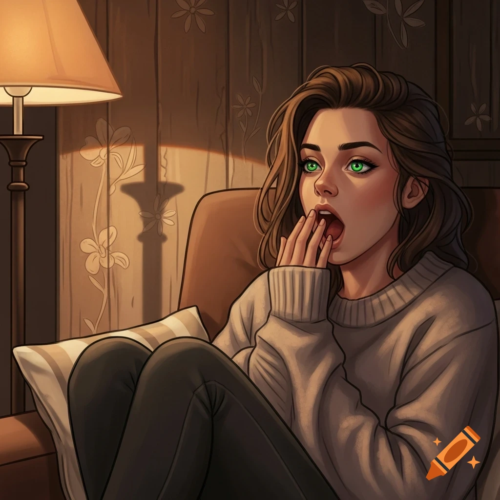Illustration of a young woman with green eyes yawning while sitting in an armchair.