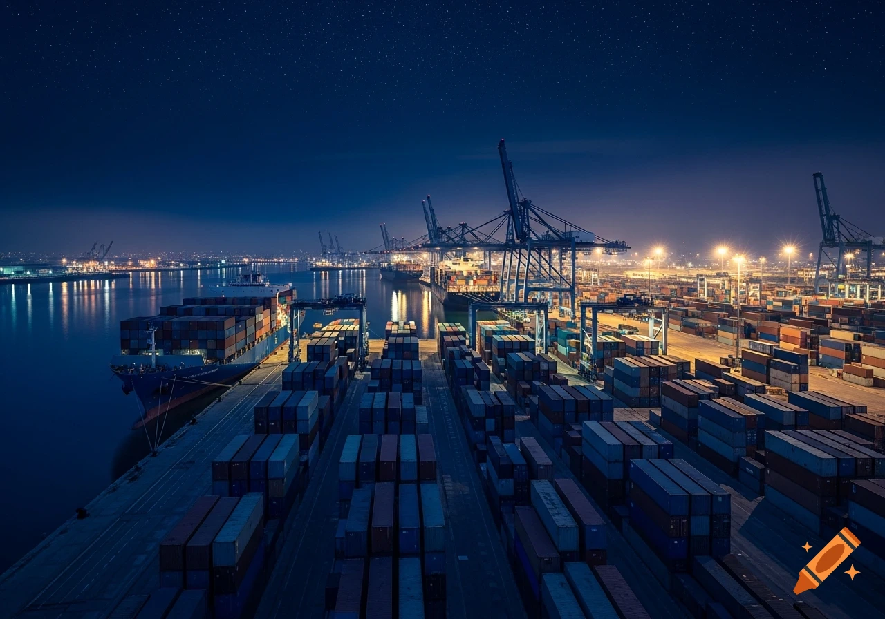 Aerial view of a bustling container port at night, illuminated by bright lights, with large cargo ships docked.
