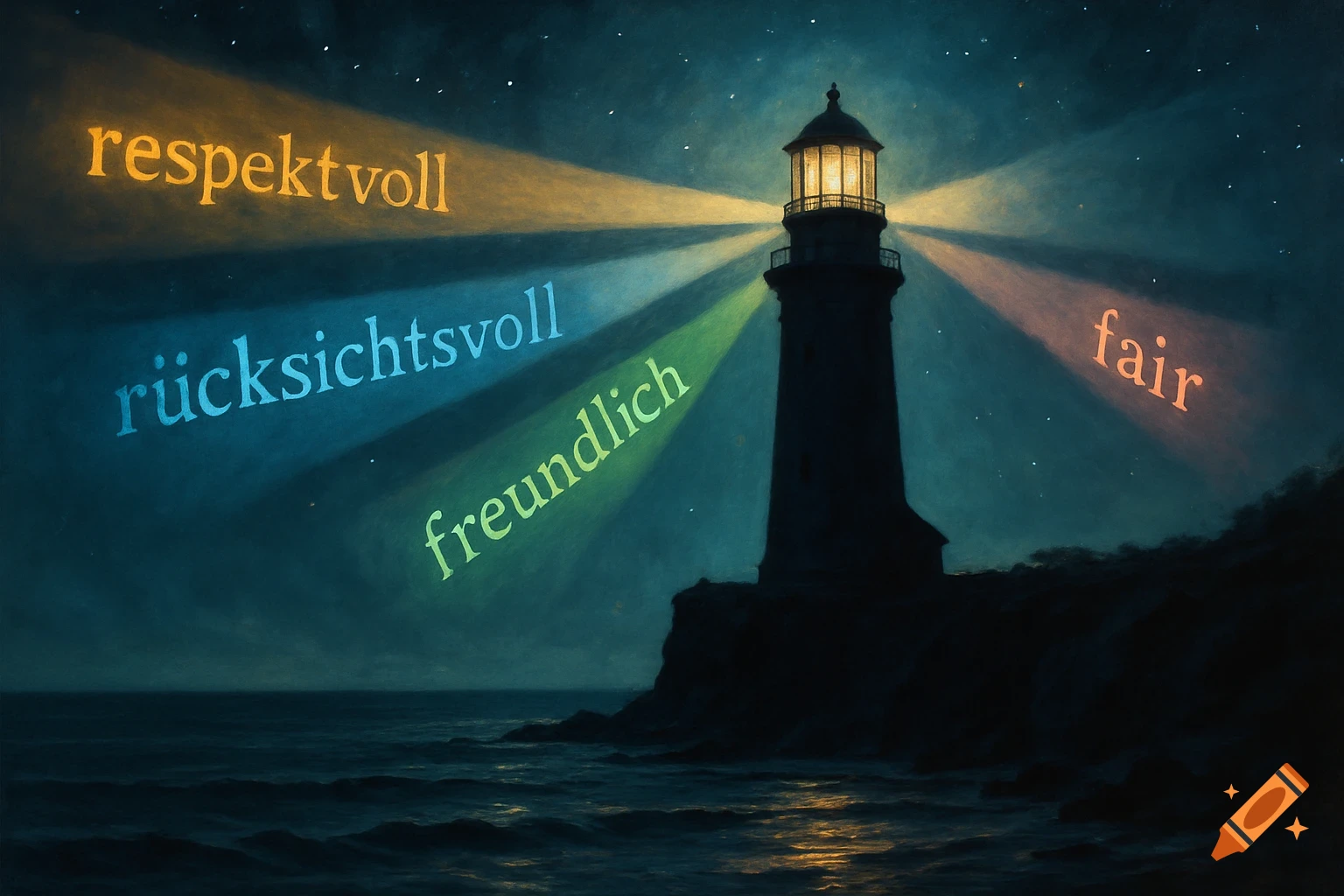 A lighthouse at night illuminates the dark sea and sky with beams of light displaying the words 'respektvoll', 'rücksichtsvoll', 'freundlich', and 'fair'.
