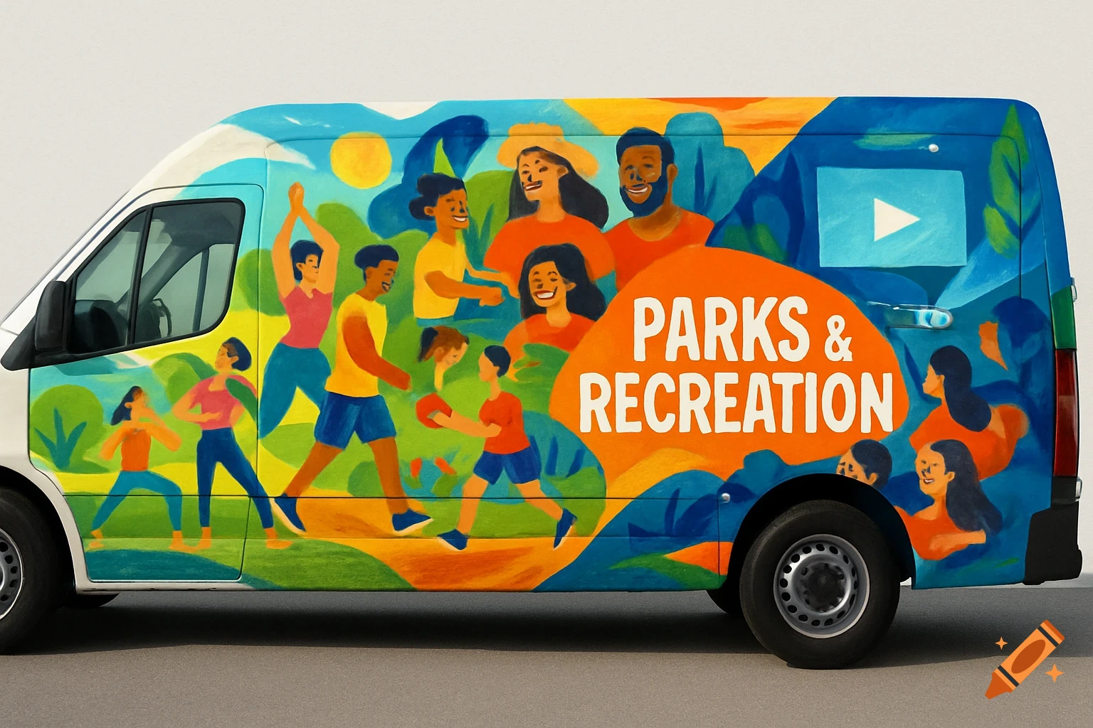 Colorful illustrated mural on a white van shows diverse people enjoying park activities, with 'PARKS & RECREATION' text and a YouTube play button.