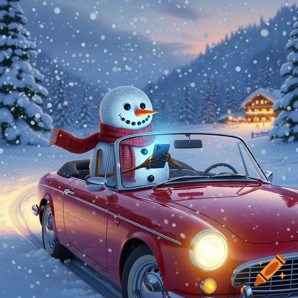 A cheerful snowman in a red convertible car drives through a snowy winter landscape at dusk, looking at a glowing phone.