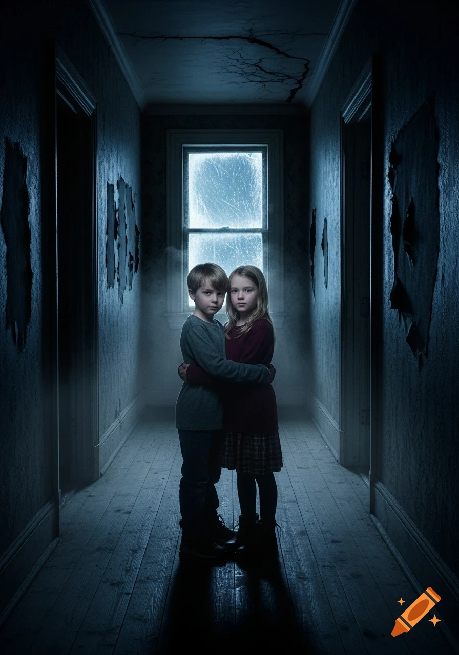 Photorealistic image of two children hugging in a dark, eerie hallway of an old, creepy house, with a window showing cold light.