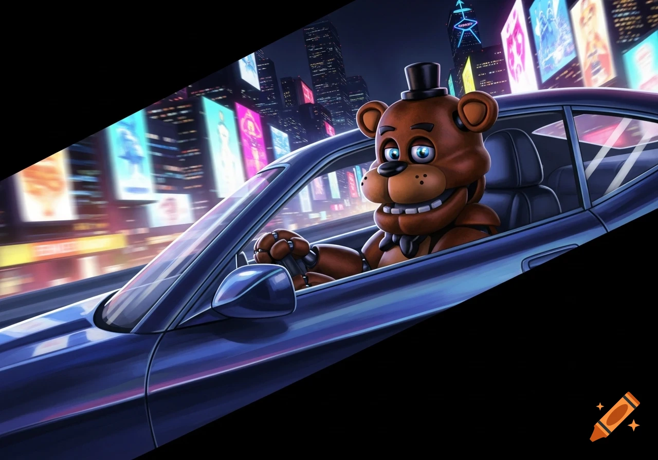Freddy Fazbear in a blue car driving through a neon-lit city at night, cartoon style.